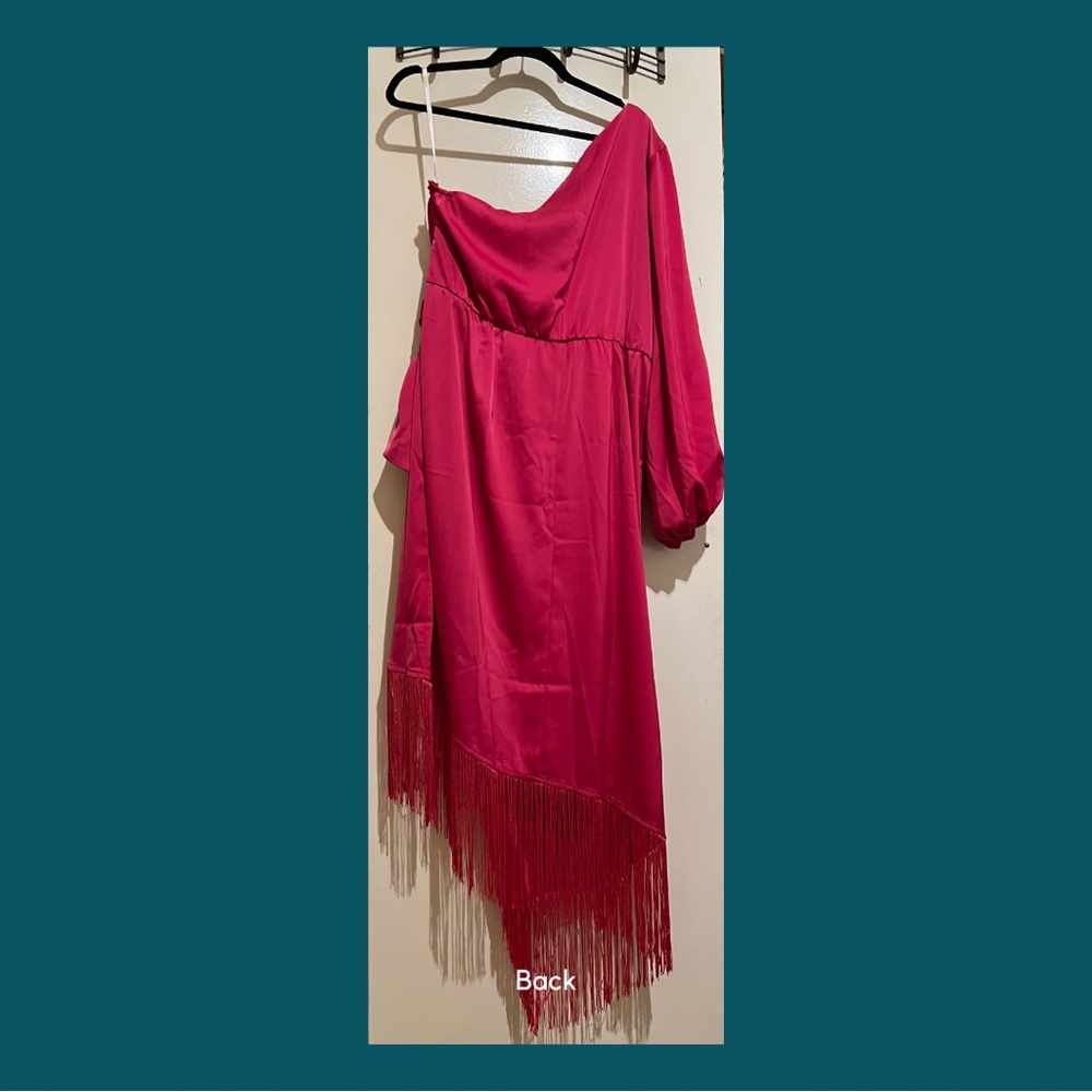 Eloquii Hot Pink One-Shoulder Fringe Cocktail Dress - Picture 6 of 8